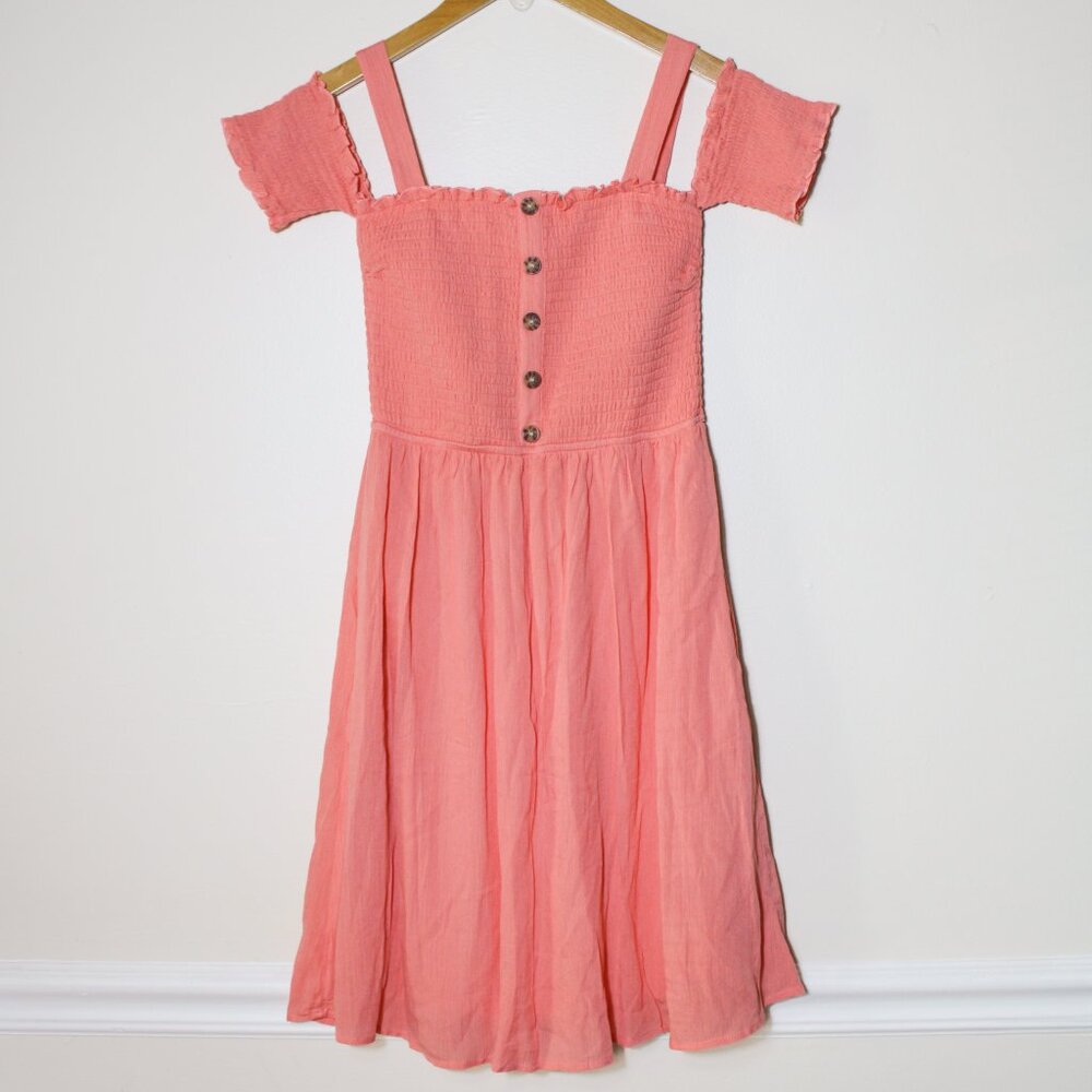 Venus Smocked A-line Mini Dress Smocked Off Shoulder Pink Peach Coral Size XS